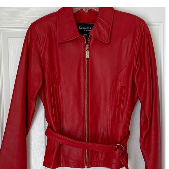 KENNETH COLE Ruby Red 100% Leather Belted Jacket L/M - Picture 3 of 10